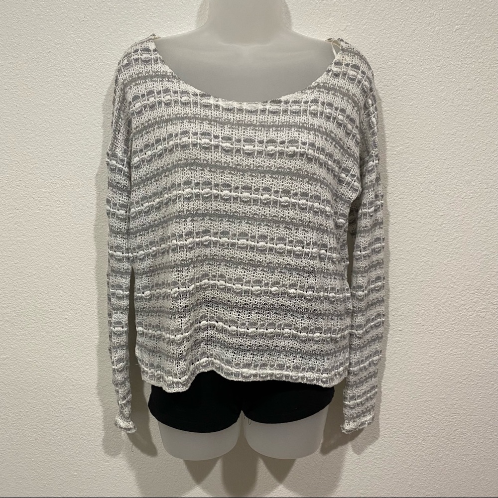 aeropostale grey & white knit crochet sweater long sleeve top shirt